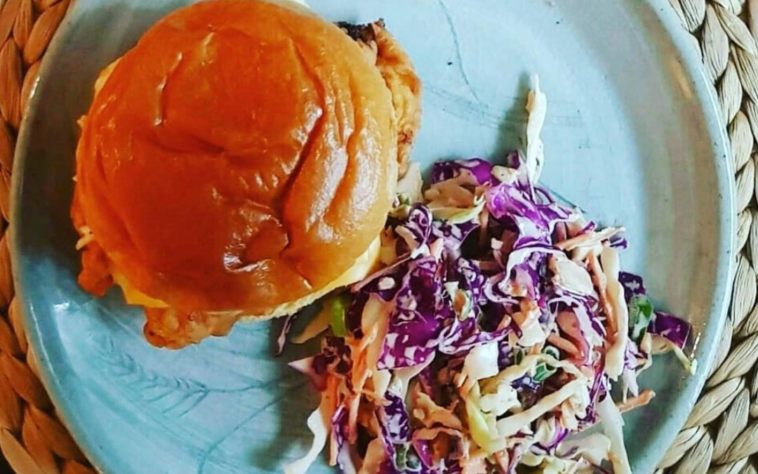 Buttermilk chicken burger with kimchee slaw & Pineapple and Cardamom Jam
